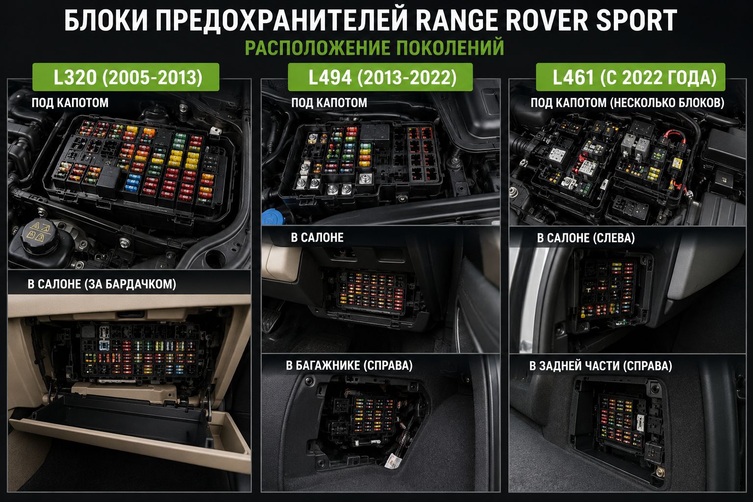 Схема предохранителей Range Rover Sport: расшифровка реле и блоков